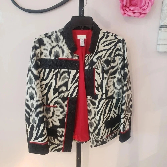 Chico's Black and White with Red Accents Animal Print Blazer - Picture 1 of 4
